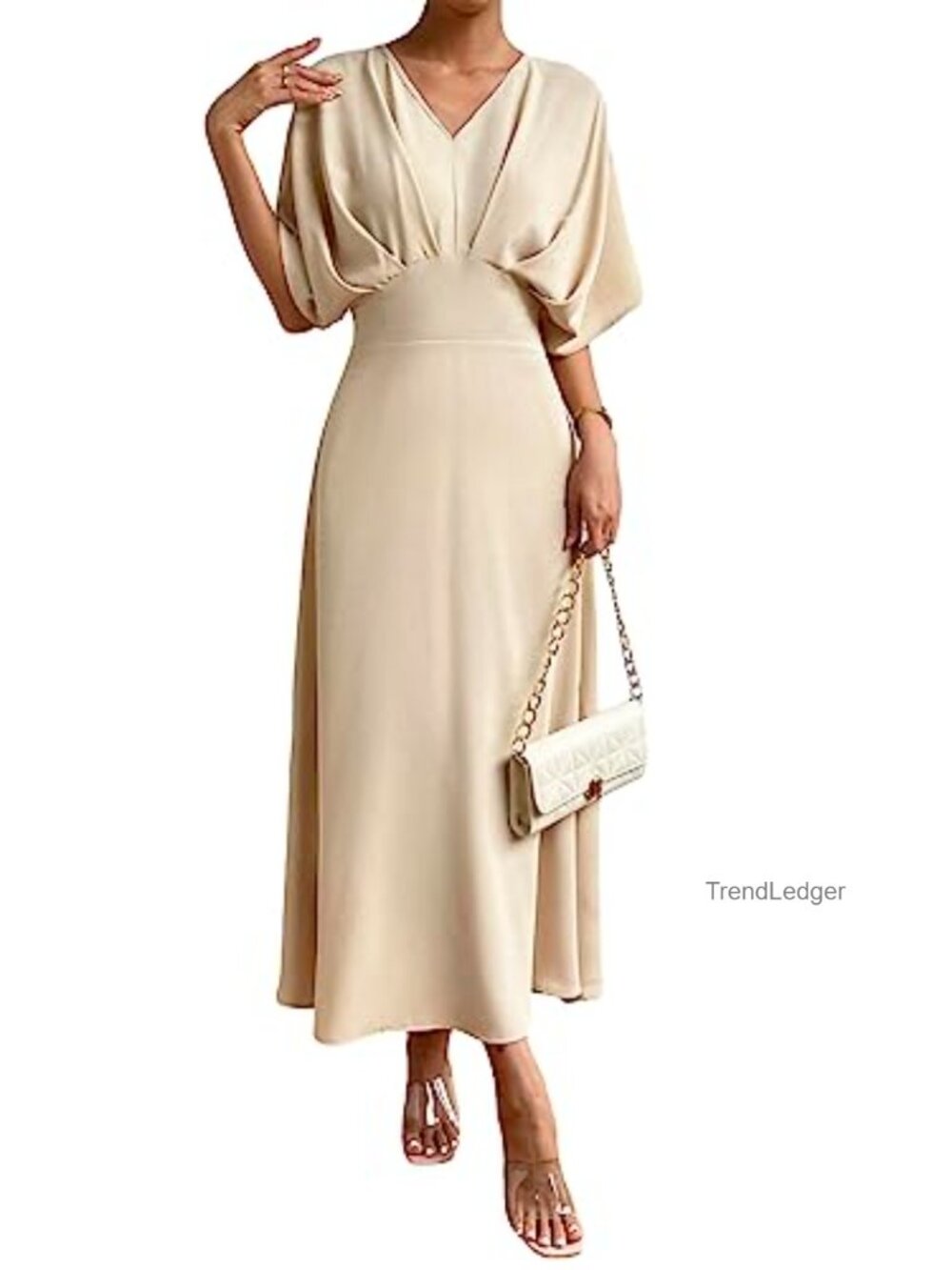 V Neck Half Sleeve Ruched A Line Long Dress Cocktail Evening Party